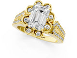 Yellow gold Emerald Halo Diamond Floral Split Shank Engagement Ring 1