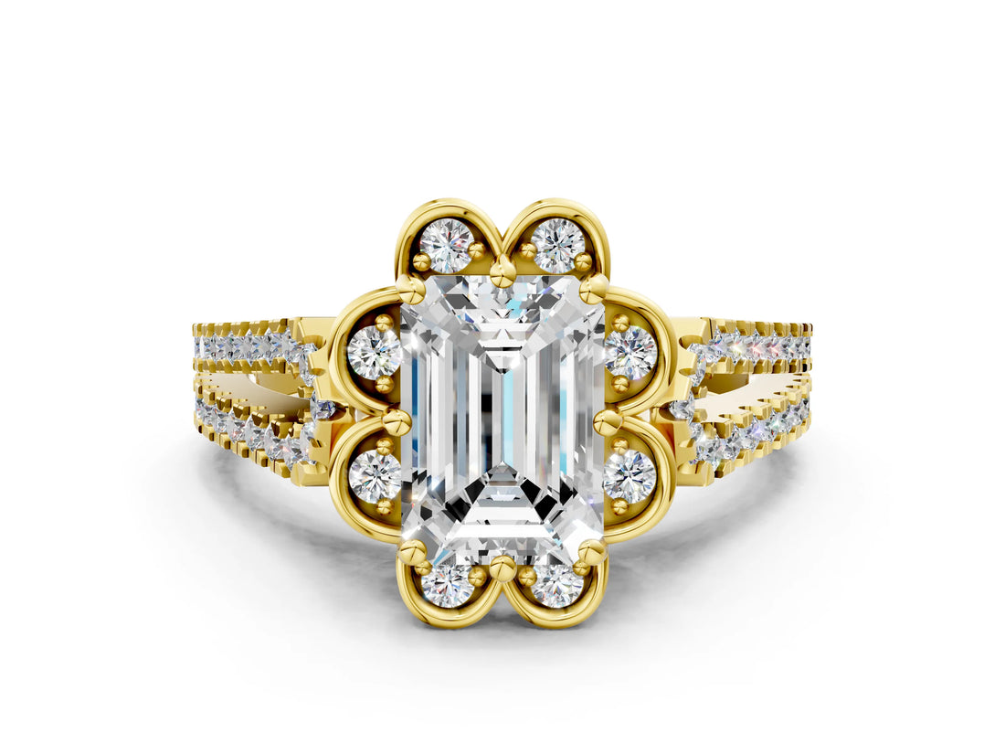 Yellow gold Emerald Halo Diamond Floral Split Shank Engagement Ring