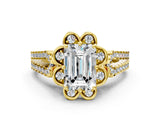 Yellow gold Emerald Halo Diamond Floral Split Shank Engagement Ring