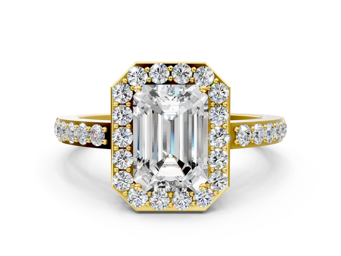 Yellow gold Emerald Halo Diamond Pavé Band Ring with Prong Setting_20