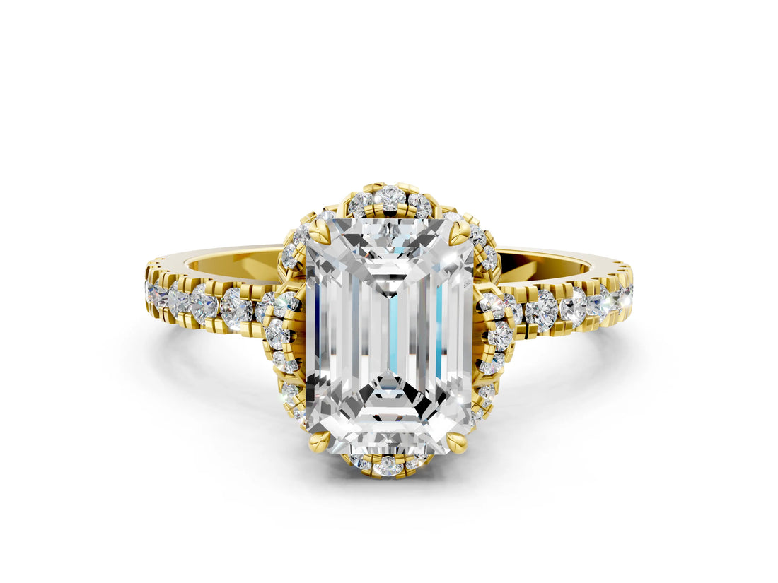 Yellow gold Emerald Halo Diamond Pave Band Ring with Four-Prong Setting_15