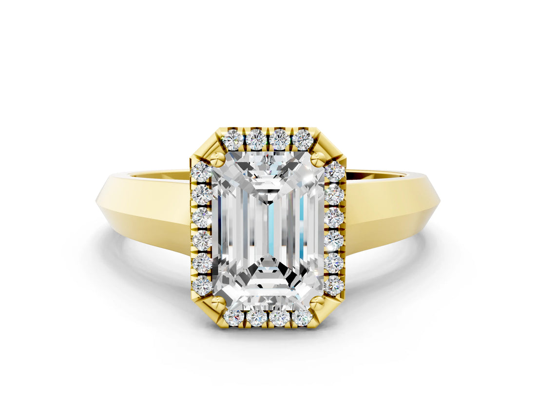 Yellow gold Emerald Halo Diamond Ring with Cathedral Band and Four-Prong Setting_61
