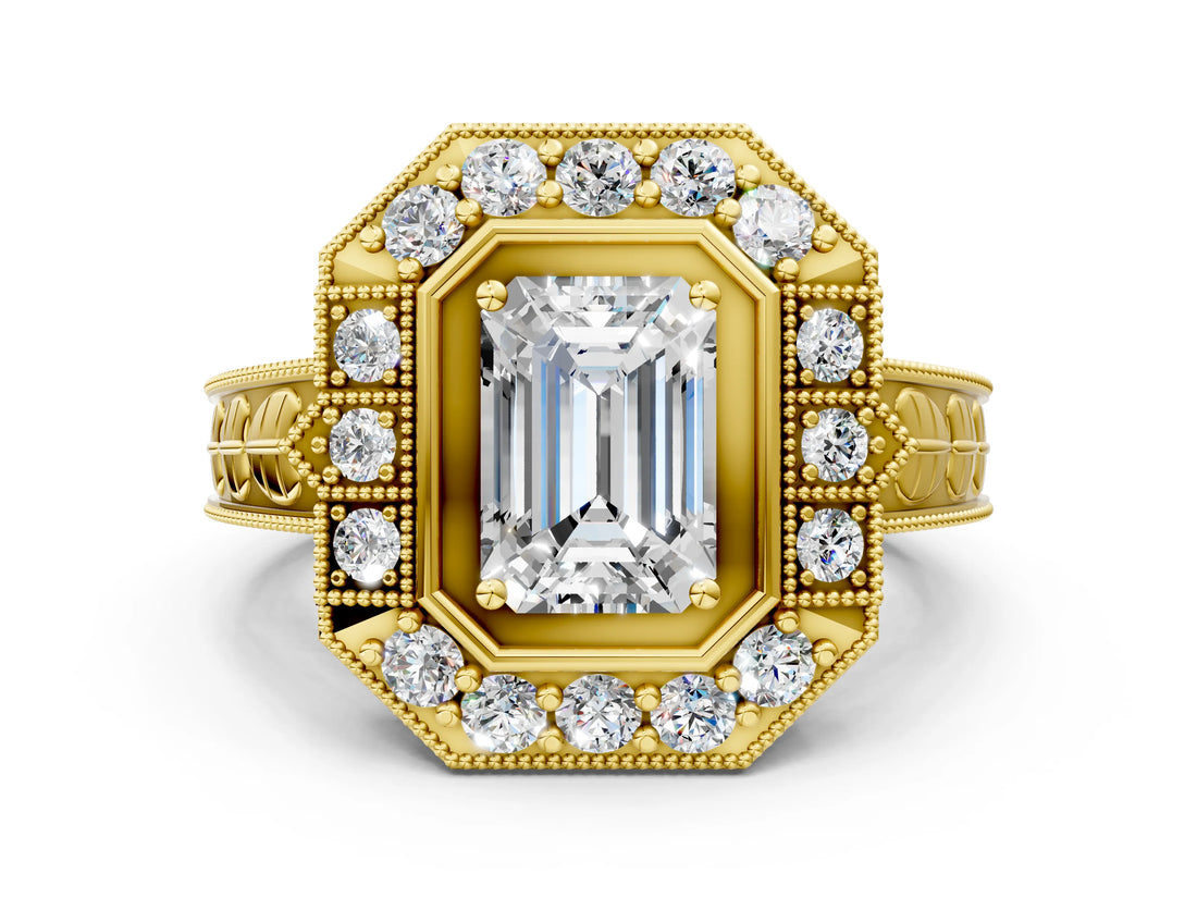 Yellow gold Emerald Halo Diamond Ring with Milgrain Bezel and Prong Setting_6