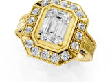Yellow gold Emerald Halo Diamond Ring with Milgrain Bezel and Prong Setting_7