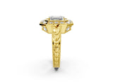 Yellow gold Emerald Halo Diamond Ring with Milgrain Bezel and Prong Setting_8