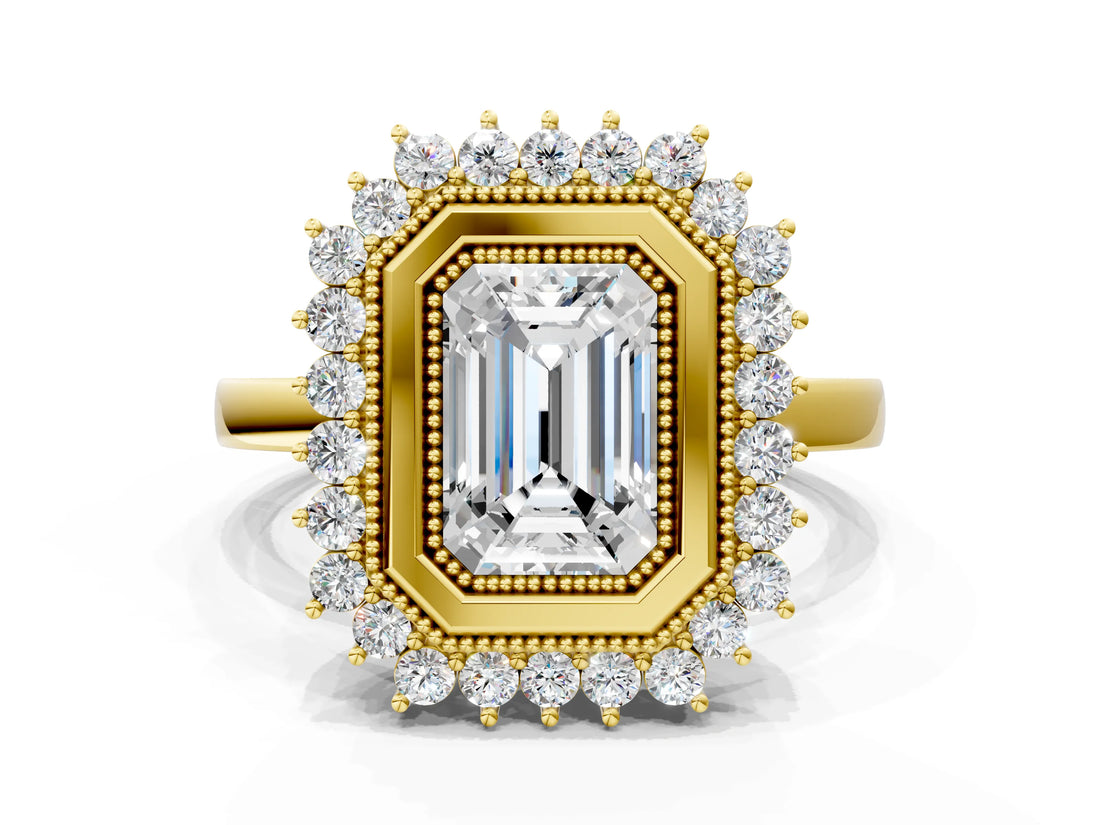 Yellow gold Emerald Halo Diamond Ring with Milgrain Edge and Round Prong Setting_26