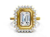 Yellow gold Emerald Halo Diamond Ring with Milgrain Edge and Round Prong Setting_26