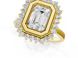 Yellow gold Emerald Halo Diamond Ring with Milgrain Edge and Round Prong Setting_27