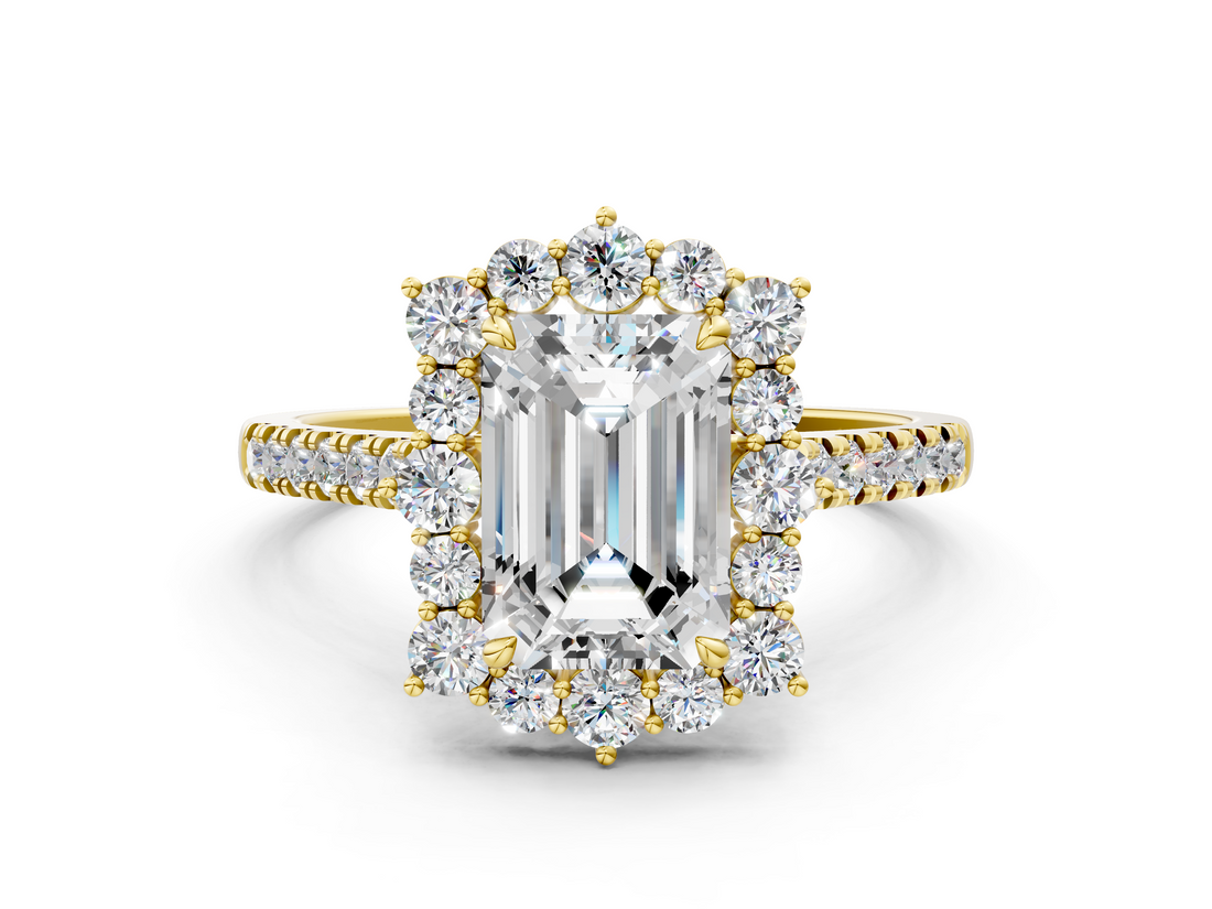 Yellow gold Emerald Halo Diamond Ring with Pavé Band and Prong Setting_21
