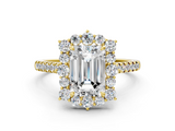 Yellow gold Emerald Halo Diamond Ring with Pavé Band and Prong Setting_21