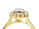 Yellow gold Emerald Halo Diamond Ring with Pavé Band and Prong Setting_25