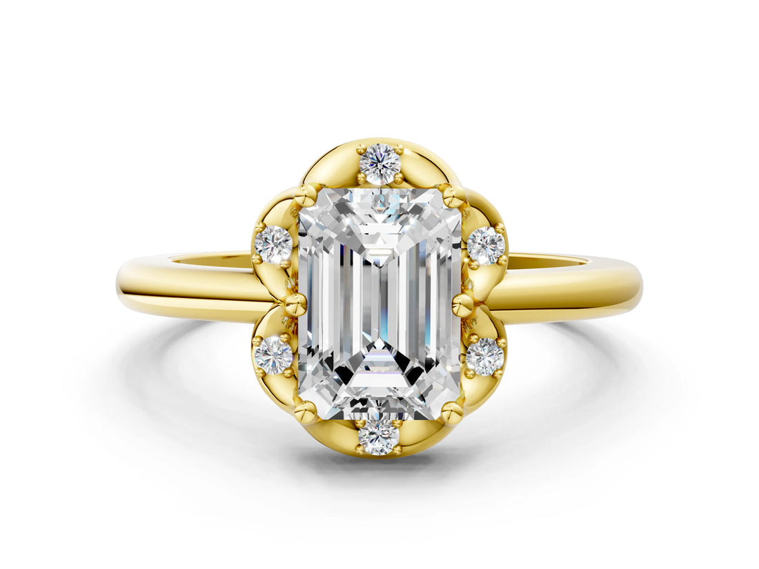 Yellow gold Emerald Halo Diamond Ring with Round Cluster Setting, Solitaire Band, and Four-Prong Setting_85