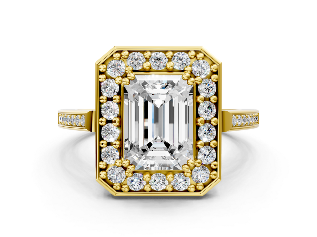 Yellow gold Emerald Halo Diamond Ring with Split Shank and Four-Prong Setting_49