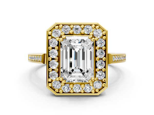 Yellow gold Emerald Cut Diamond Halo Ring with Split Shank and Four-Prong Setting
