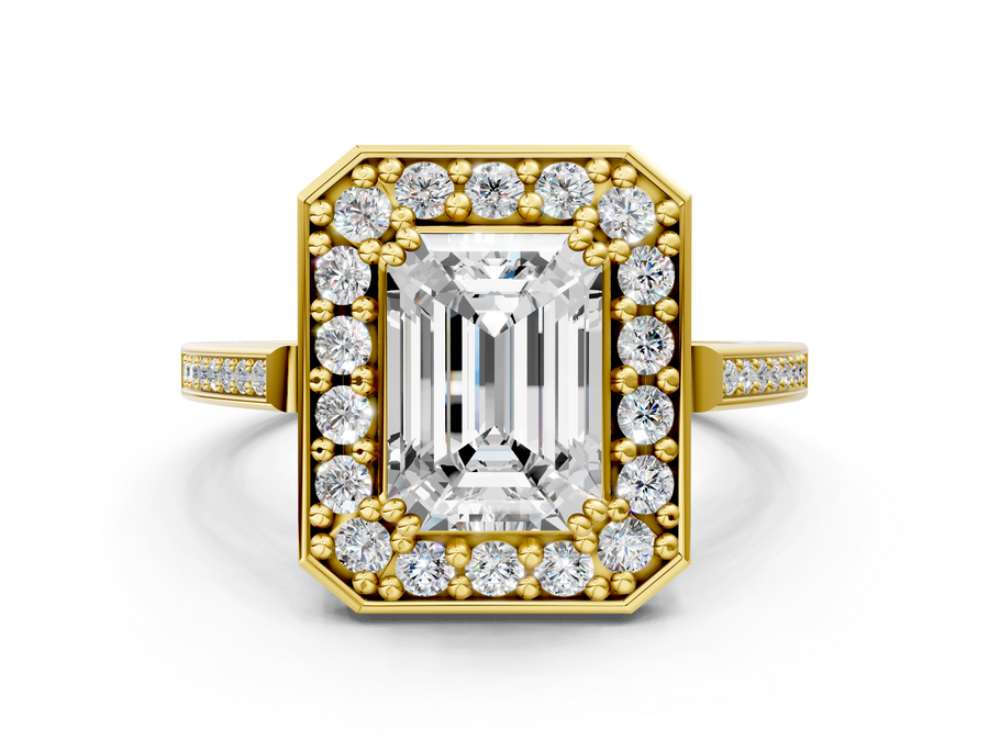 Yellow gold Emerald Cut Diamond Halo Ring with Split Shank and Four-Prong Setting
