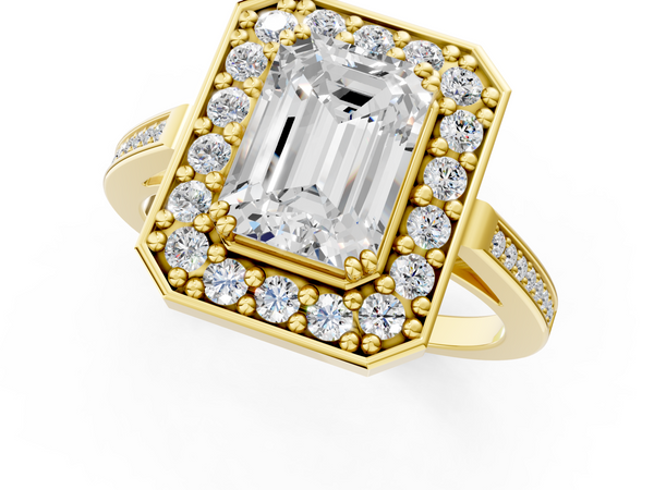 Yellow gold Emerald Cut Diamond Halo Ring with Split Shank and Four-Prong Setting