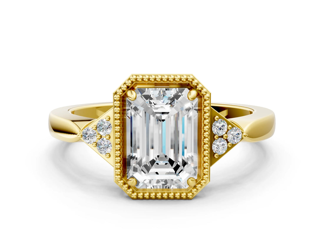 Yellow gold Emerald Halo Diamond Ring with Tapered Band and Four-Prong Setting_10