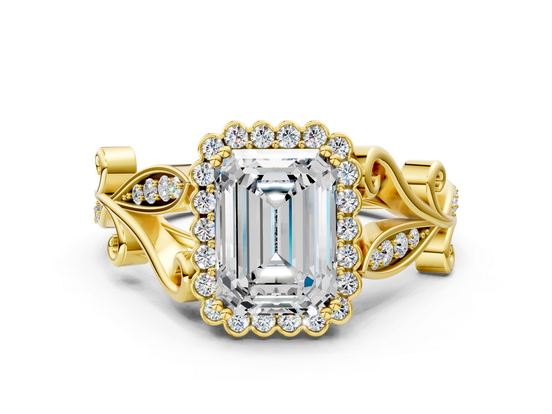 Yellow gold Emerald Halo Diamond Ring with Vintage Split Shank and Four-Prong Setting_20