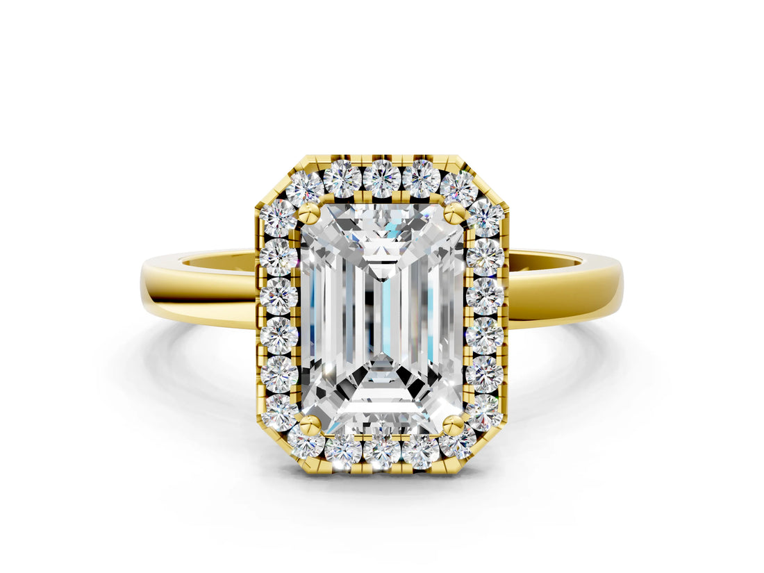 Yellow gold Emerald Halo Diamond Solitaire with Pavé Band and Four-Prong Setting_90