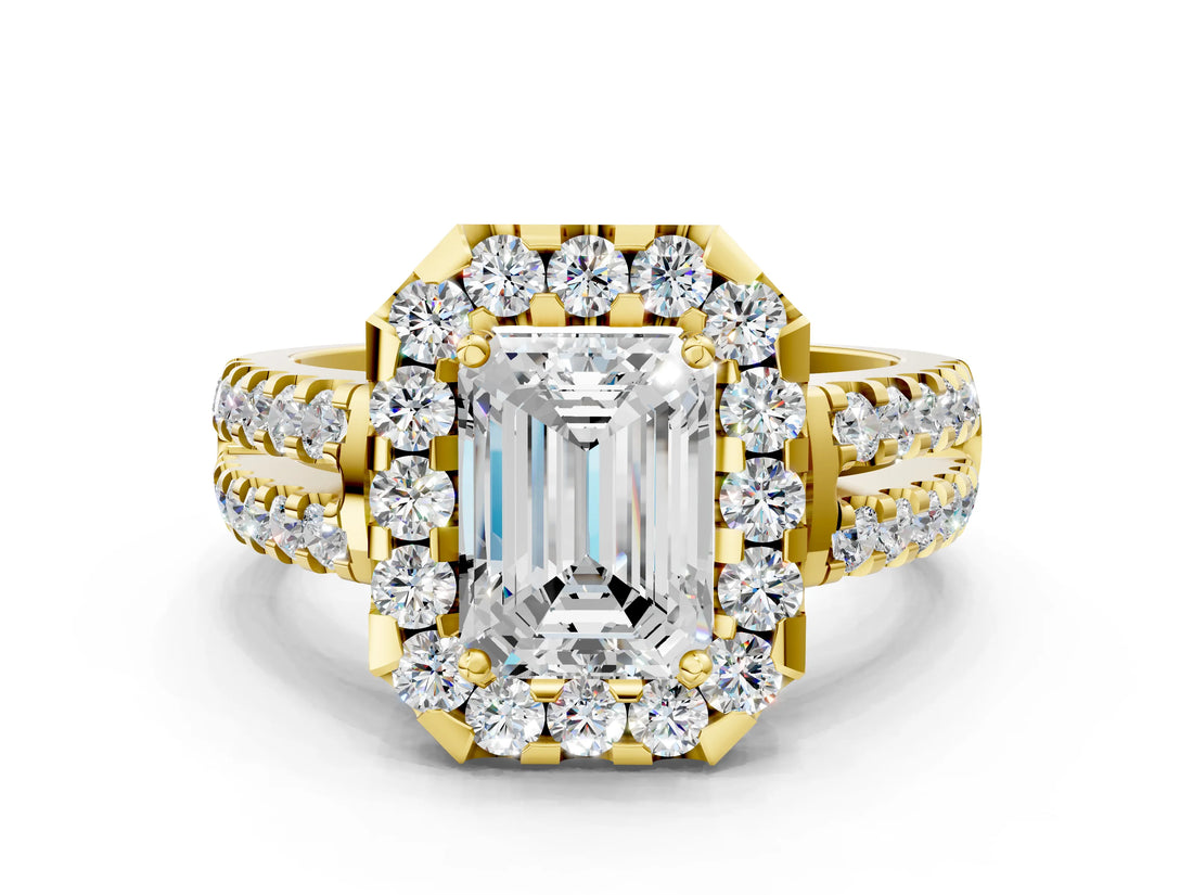Yellow gold Emerald Halo Diamond Split Shank Engagement Ring with Prong Setting_39