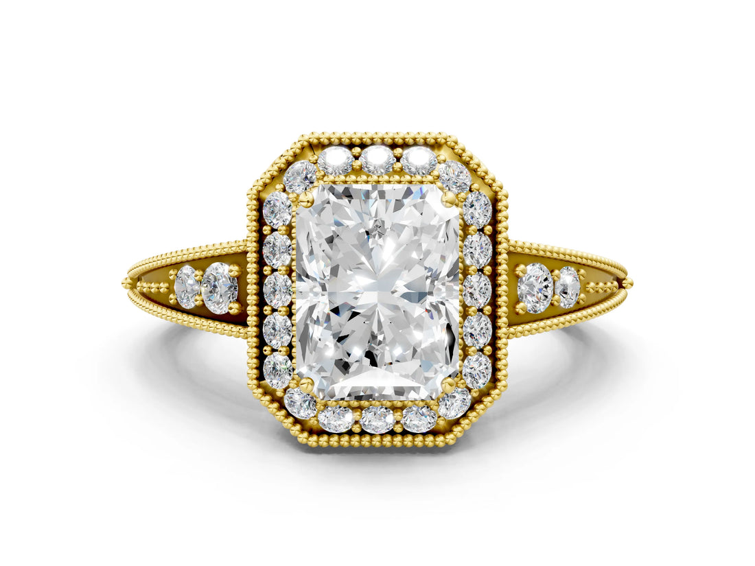 Yellow gold Emerald Halo Diamond Split Shank Ring with Milgrain Detail_50