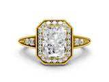 Yellow gold Emerald Halo Diamond Split Shank Ring with Milgrain Detail_50