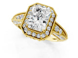 Yellow gold Emerald Halo Diamond Split Shank Ring with Milgrain Detail_51