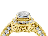 Yellow gold Emerald Halo Diamond Split Shank Ring with Milgrain Detail_54
