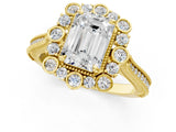 Yellow gold Emerald Halo Milgrain Pave Diamond Ring with Four-Prong Setting 1