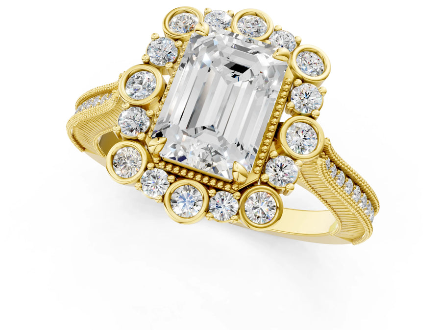 Yellow gold Emerald Halo Milgrain Pave Diamond Ring with Four-Prong Setting