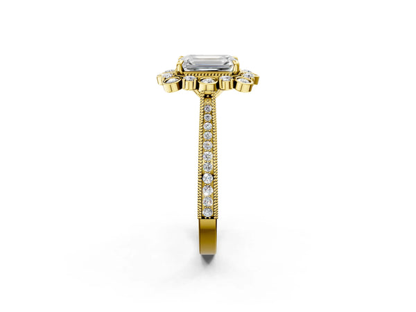 Yellow gold Emerald Halo Milgrain Pave Diamond Ring with Four-Prong Setting