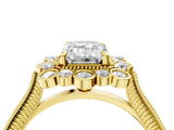 Yellow gold Emerald Halo Milgrain Pave Diamond Ring with Four-Prong Setting 4