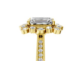 Yellow gold Emerald Halo Milgrain Pave Diamond Ring with Four-Prong Setting 5