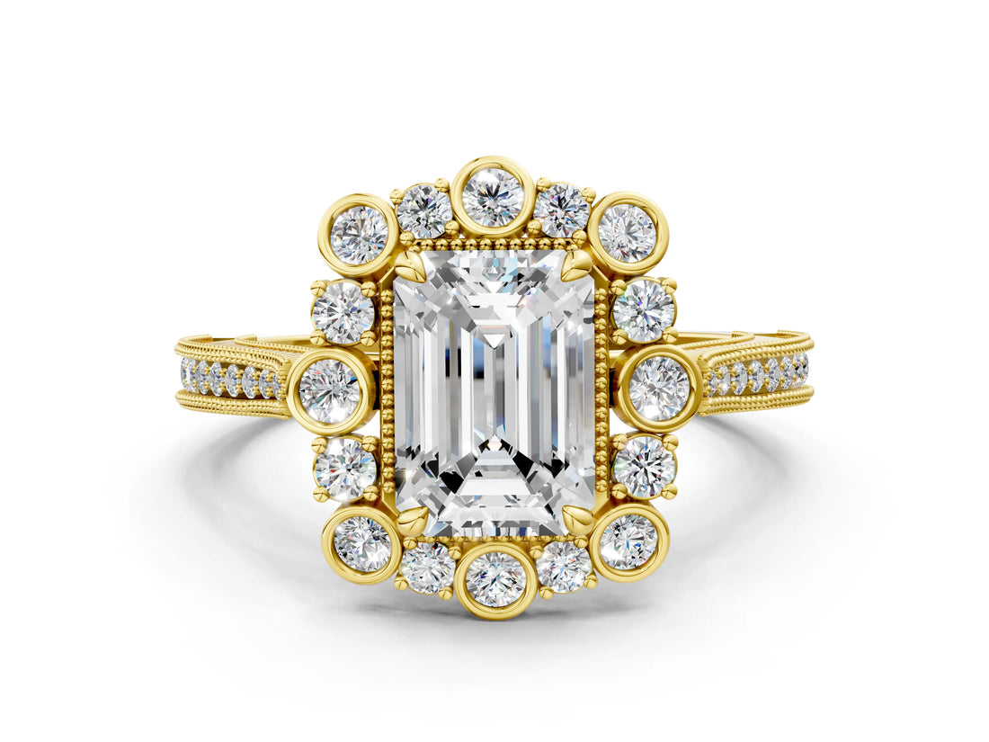 Yellow gold Emerald Halo Milgrain Pave Diamond Ring with Four-Prong Setting