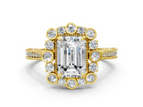 Yellow gold Emerald Halo Milgrain Pave Diamond Ring with Four-Prong Setting