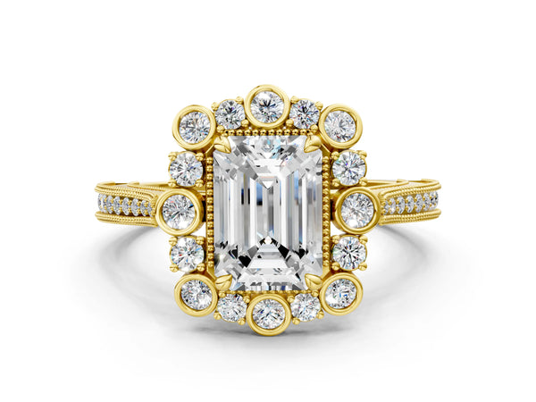 Yellow gold Emerald Halo Milgrain Pave Diamond Ring with Four-Prong Setting