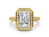 Yellow gold Emerald Halo Milgrain Solitaire with Bezel Set Side Stones and Pave Band_32