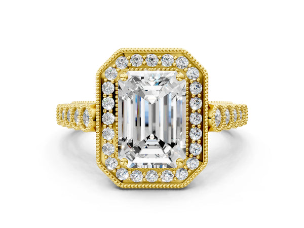 Yellow gold Emerald Halo Milgrain Solitaire with Bezel Set Side Stones and Pave Band