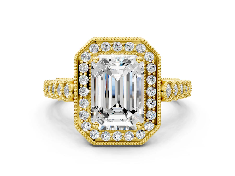 Yellow gold Emerald Halo Milgrain Solitaire with Bezel Set Side Stones and Pave Band