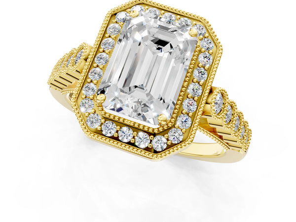 Yellow gold Emerald Halo Milgrain Solitaire with Bezel Set Side Stones and Pave Band