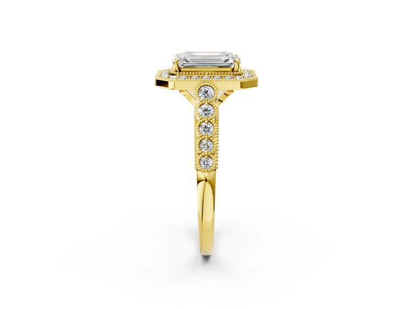 Yellow gold Emerald Halo Milgrain Solitaire with Bezel Set Side Stones and Pave Band