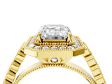 Yellow gold Emerald Halo Milgrain Solitaire with Bezel Set Side Stones and Pave Band_36