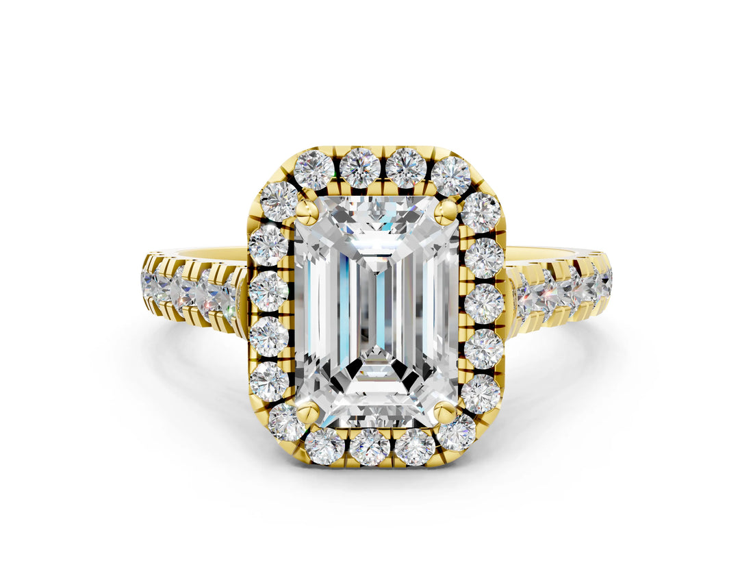 Yellow gold Emerald Halo Pavé Diamond Engagement Ring with Four-Prong Setting_26