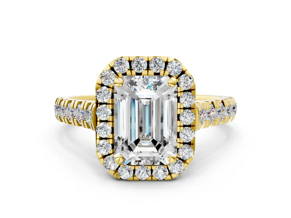 Yellow Gold Emerald Cut Halo Engagement Ring Setting with Accented Shoulders and Bezel Gallery Accents