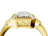 Yellow gold Emerald Halo Round Diamond Milgrain Pave Engagement Ring_13