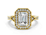 Yellow gold Emerald Halo Round Diamond Milgrain Pave Engagement Ring_9