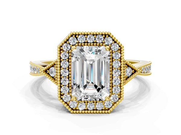 Yellow gold Emerald Halo Round Diamond Milgrain Pave Engagement Ring