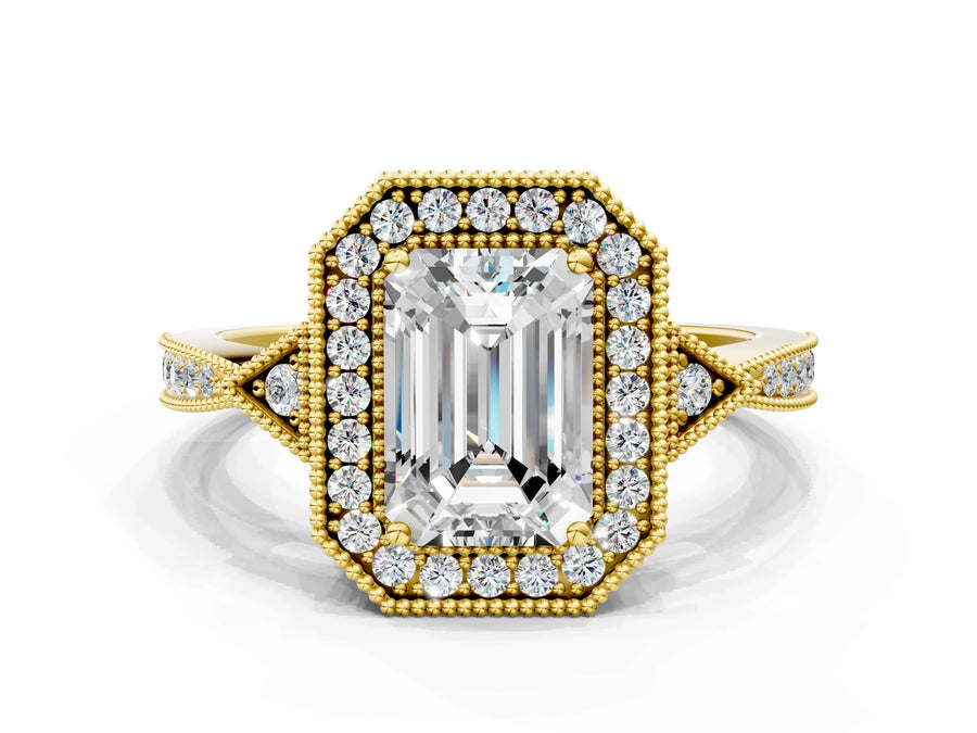 Yellow gold Emerald Halo Round Diamond Milgrain Pave Engagement Ring