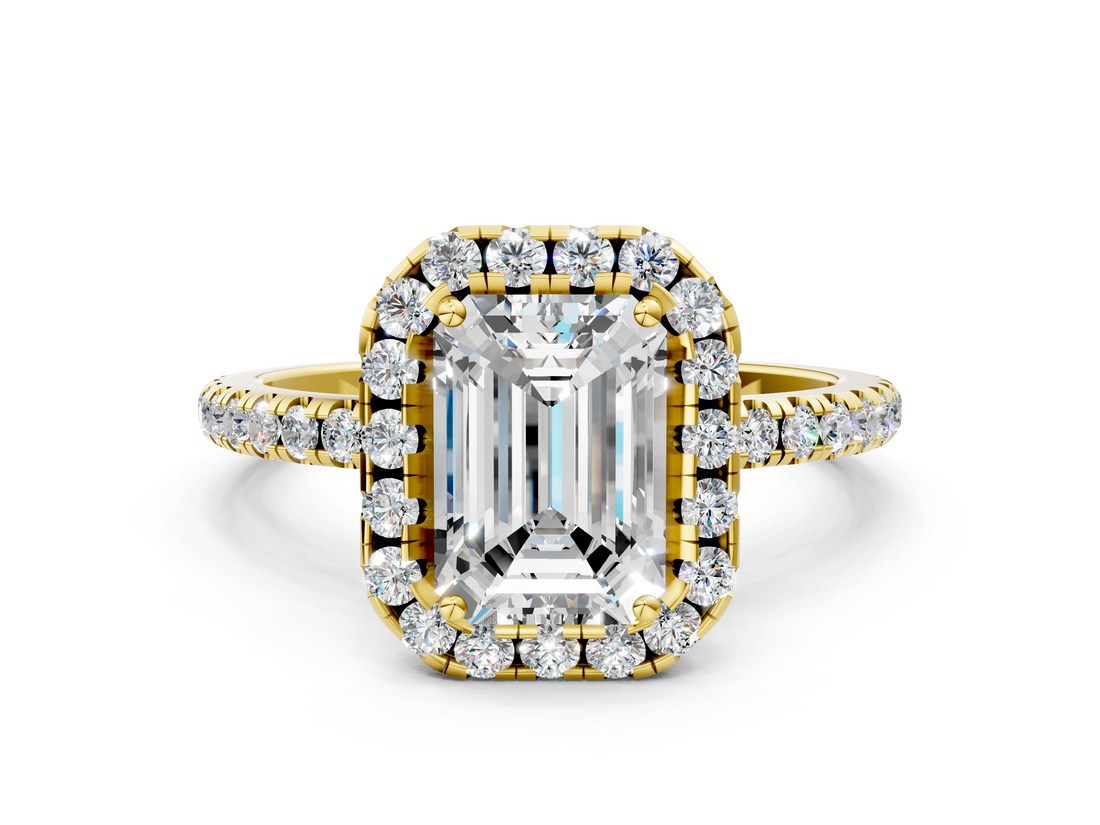 Yellow gold Emerald Halo Round Diamond Pavé Band Four-Prong Ring_3