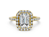 Yellow gold Emerald Halo Round Diamond Pavé Band Four-Prong Ring_3